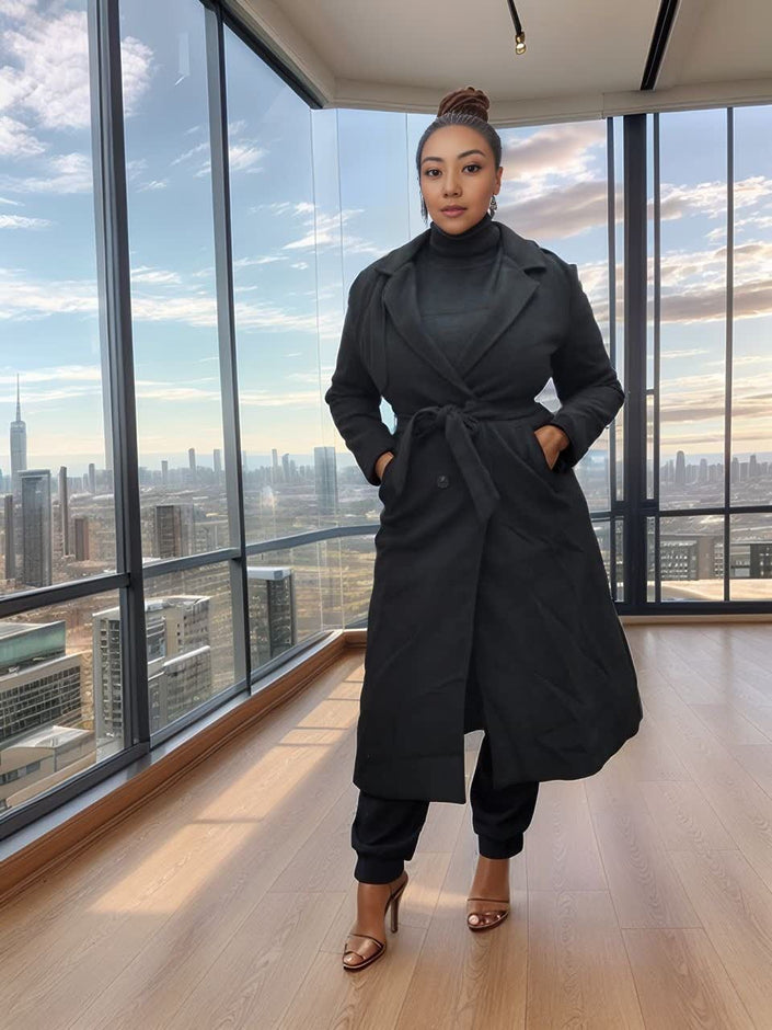 Black long double-breasted coat with belt and notched lapels.