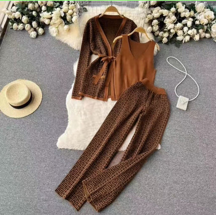 Brown patterned knit cardigan, sleeveless vest, and wide-leg trouser set