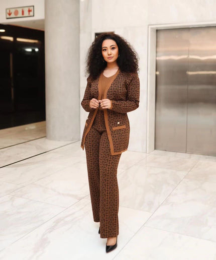 Brown patterned knit cardigan and matching trousers set