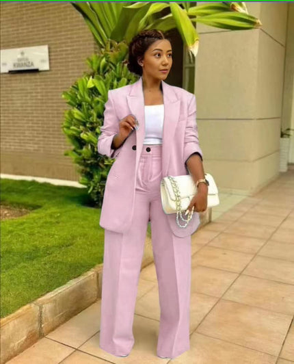 Pink structured blazer and straight-leg trouser suit set, single-breasted front