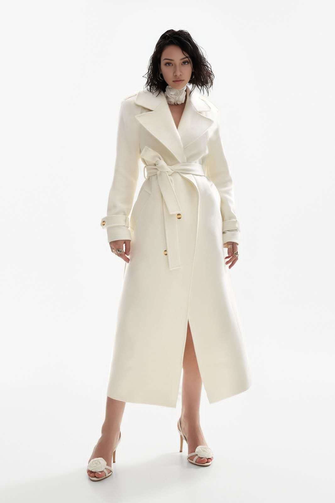 Ivory oversized belted double-breasted coat with notched lapels and midi length
