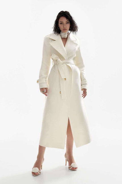 Ivory oversized belted double-breasted coat with notched lapels and midi length