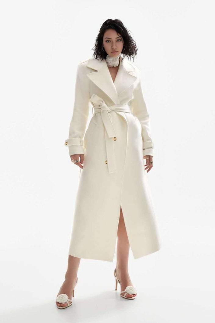 Ivory oversized belted double-breasted coat with notched lapels and midi length
