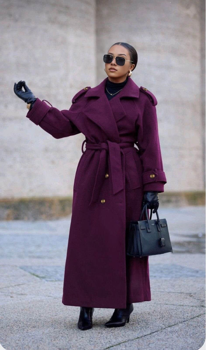 Maroon oversized belted double-breasted coat with notched lapels and gold buttons