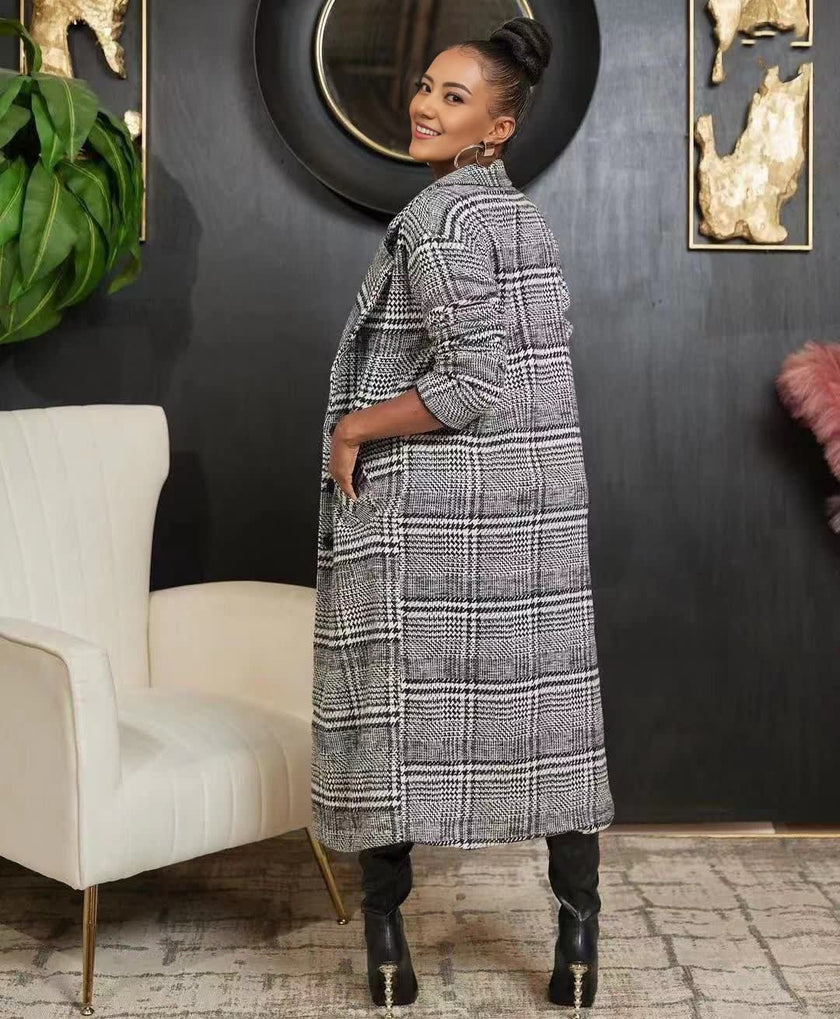 Houndstooth Pattern Knee-Length Belted Coat