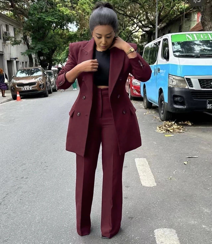 Women's twin set suit, maroon long blazer and matching trousers