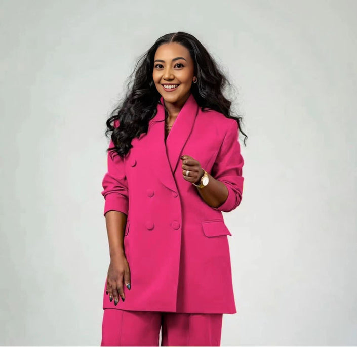 Women's twin set suit, bright pink blazer and matching trousers set