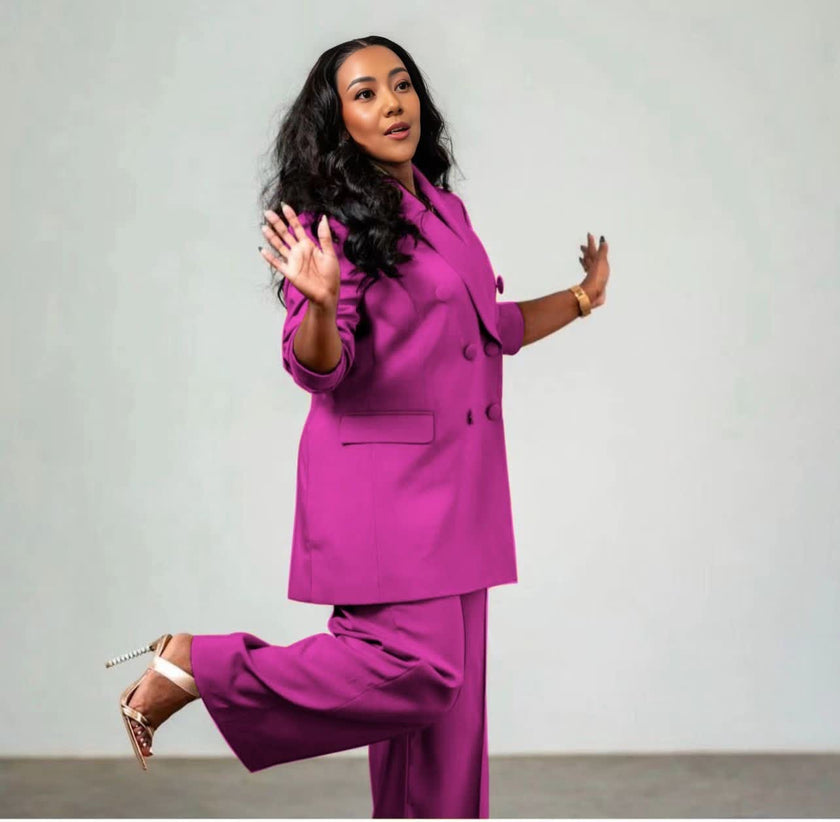 Women's twin set suit, deep pink blazer and matching trousers