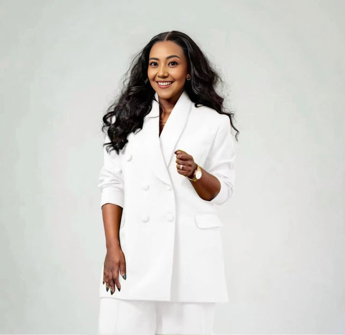 Women's twin set suit, white blazer and matching trousers set