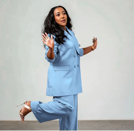 Women's twin set suit, sky blue blazer and matching trousers