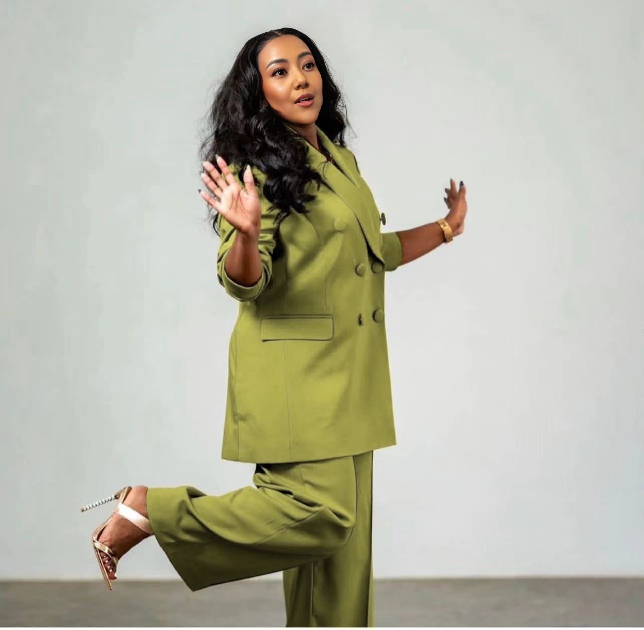 Women's twin set suit, green blazer and matching trousers