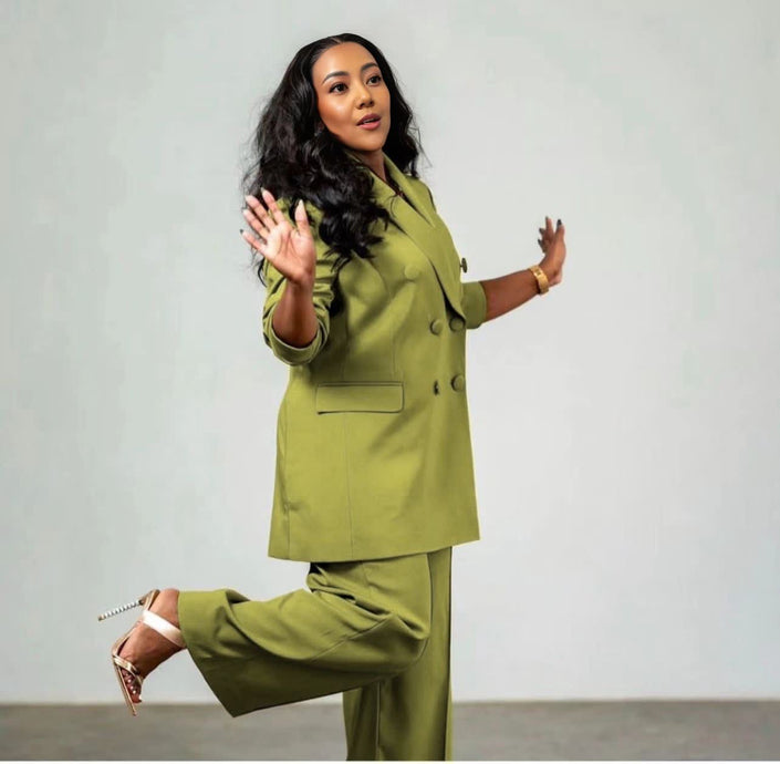 Women's twin set suit, green blazer and matching trousers