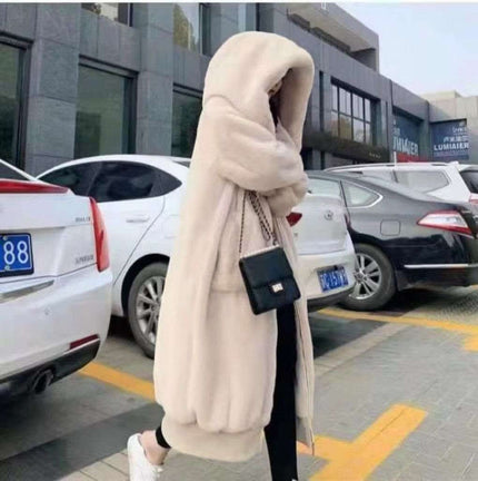 Nude plush hooded coat with oversized side pockets, loose fit