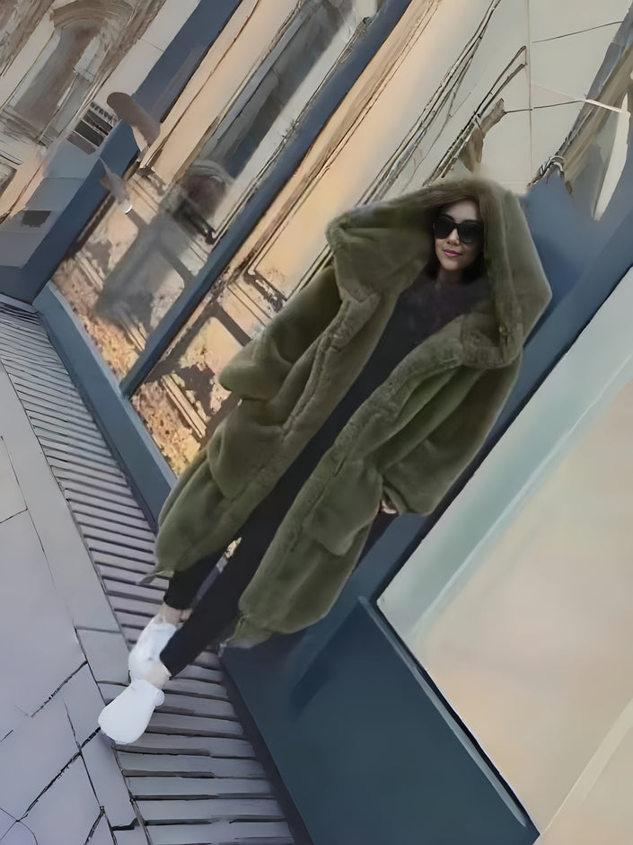 Army green plush hooded coat with wide pockets and relaxed loose fit