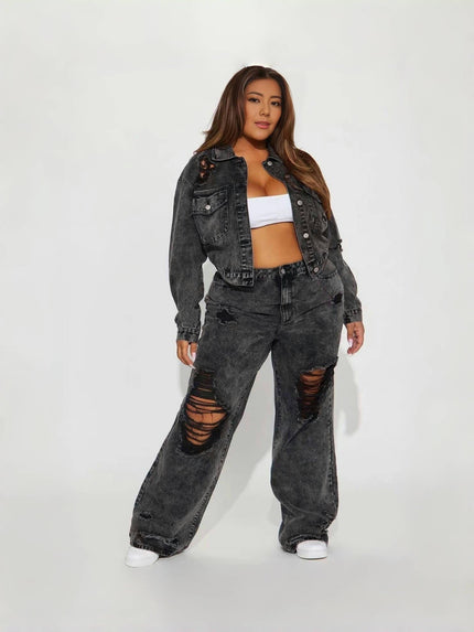 Trendy Distressed Denim Set - Casual Denim Jacket and Wide-Leg Ripped Jeans