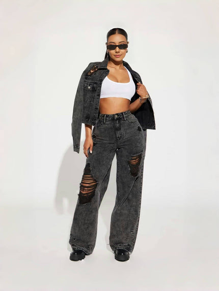 Trendy Distressed Denim Set - Casual Denim Jacket and Wide-Leg Ripped Jeans