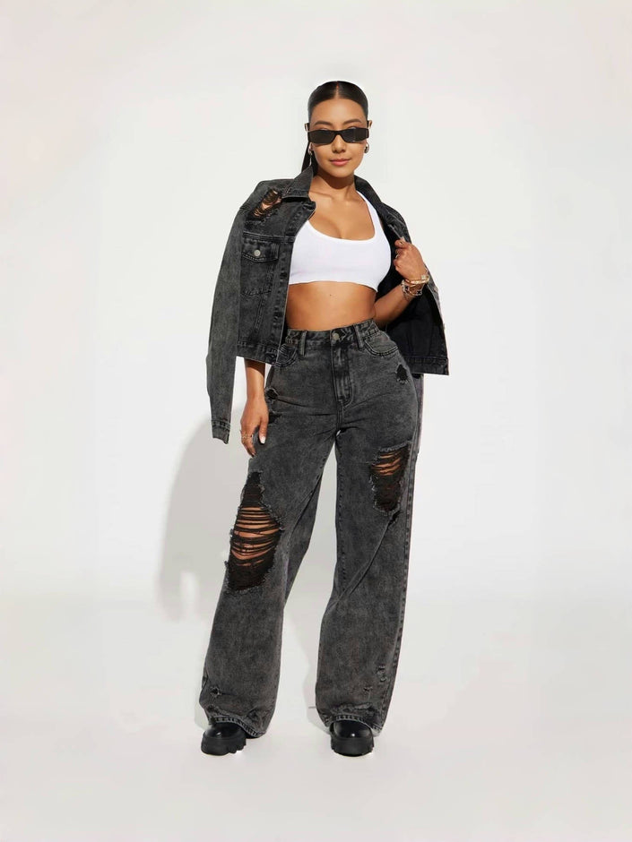 Trendy Distressed Denim Set - Casual Denim Jacket and Wide-Leg Ripped Jeans