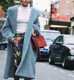 Blue plush long coat for women, collared neckline, open front, side pockets