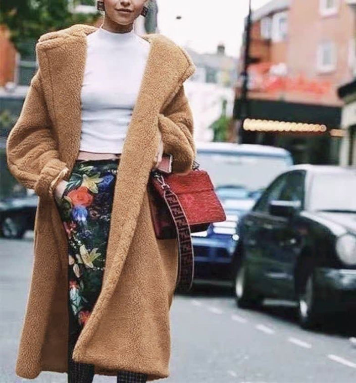 Long urban coat in camel brown teddy fleece, open front with long sleeves