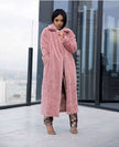 Dusty pink plush long coat for women, collared neckline, open front, side pockets