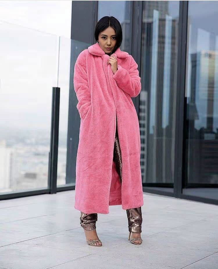 Dusty pink plush long coat for women, collared neckline, open front, long length