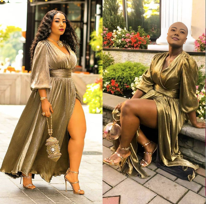 Metallic sheen maxi dress with V-neck, puff sleeves, waist slit, and flared skirt