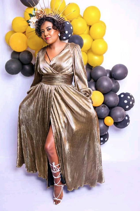 Metallic Sheen Long-Sleeve V-Neck Dress with Waist Draping and High Slit