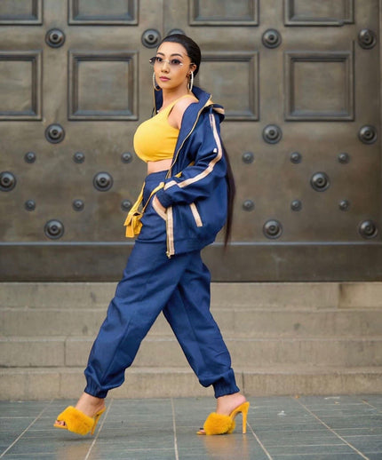 Navy jacket and matching trousers set with yellow inner top and belt ties