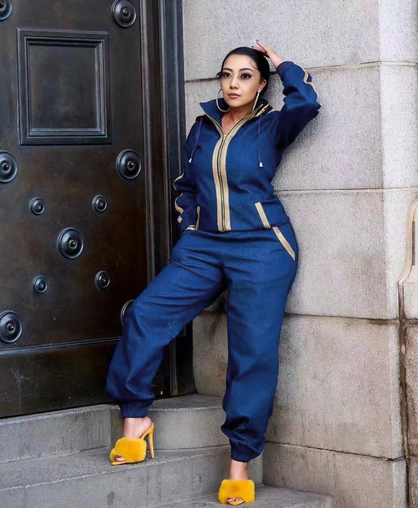 Chic Piped Twin Set Jacket and Trousers Ensemble