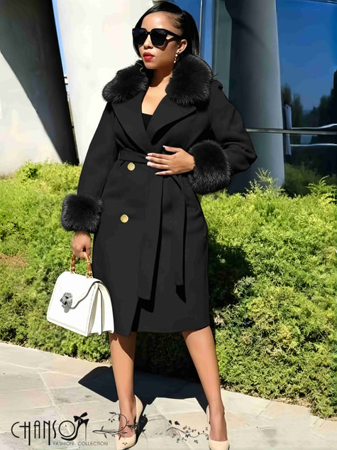 Double-Breasted Belted Mid-Length Coat With Fur Trim For Office Wear