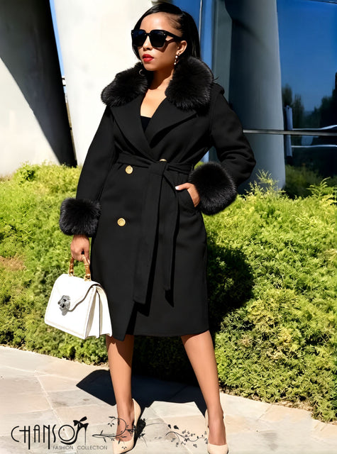 Double-Breasted Belted Mid-Length Coat With Fur Trim For Office Wear