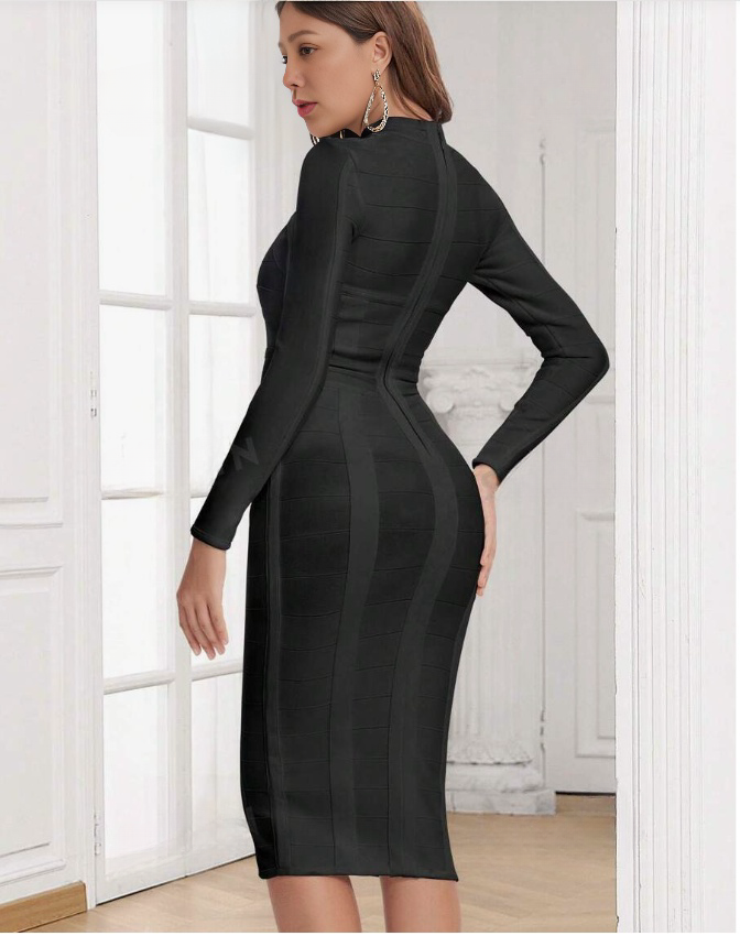 Black bodycon midi dress with long sleeves and vertical seam pattern