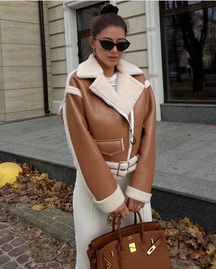 Shearling biker jacket in brown with zip front and cream fleece trim