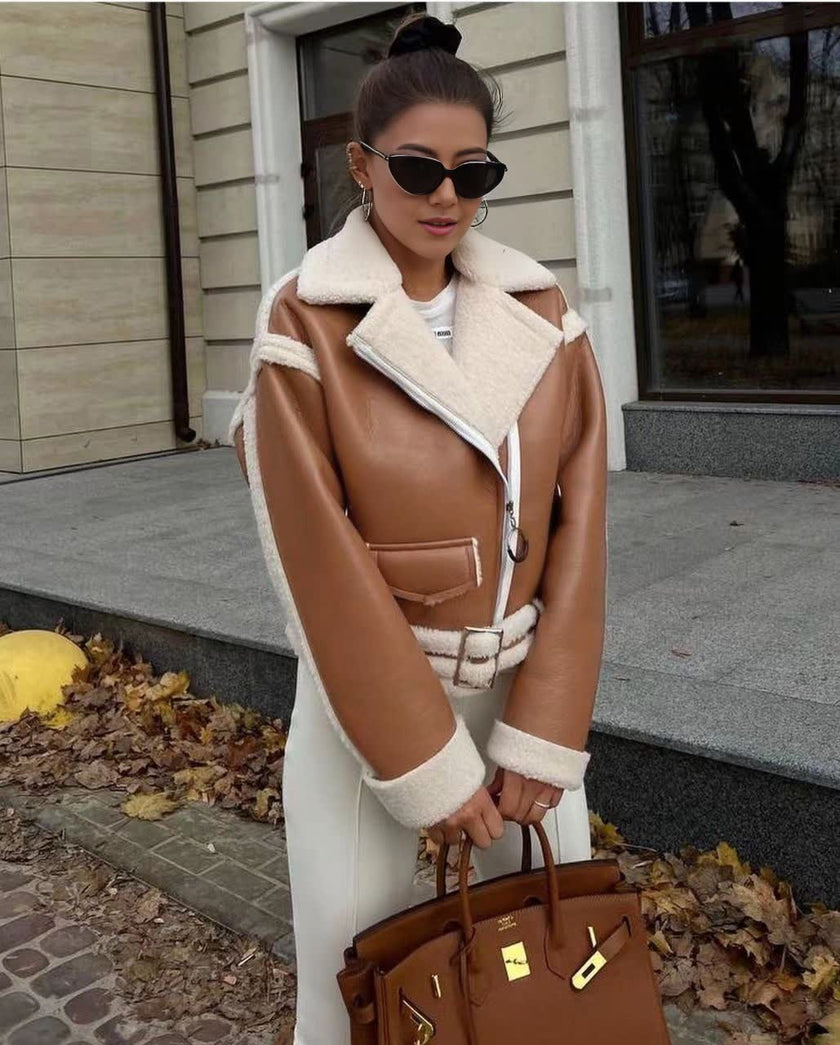 Shearling biker jacket in brown with zip front and cream fleece trim