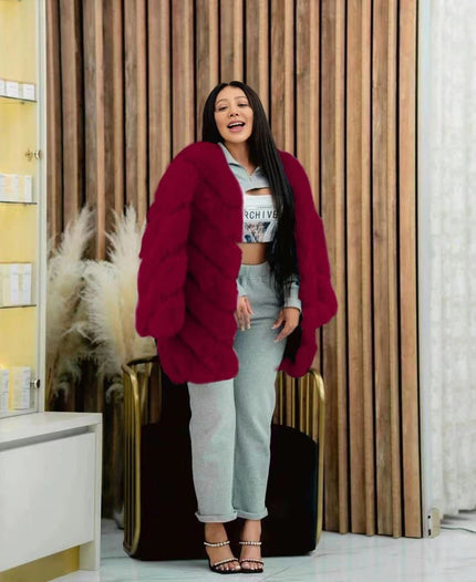Maroon plush fur coat with puffy sleeves, open front, mid-length.