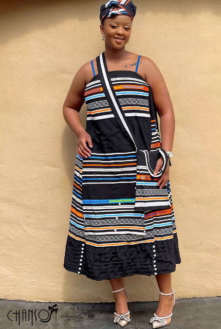 African Maxi Skirt Set, geometrisches Muster, Schwarz/Cream, ärmellos