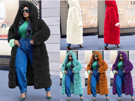 Black plush long winter coat with hood, open front, long sleeves