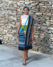 5-piece striped skirt set with white sleeveless top, green skirt panel, and blue accents