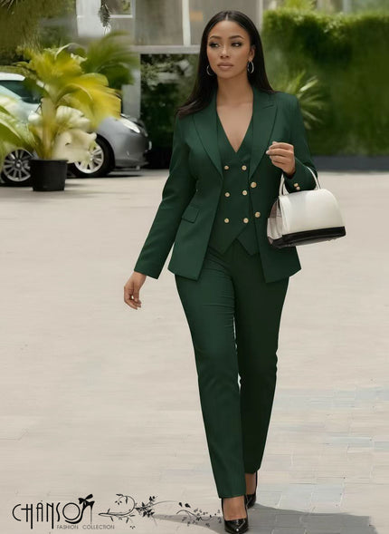 Slim fit suit set with gold button blazer and matching tapered pants, dark green