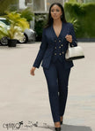 Slim fit suit set with gold button blazer and matching tapered pants, navy