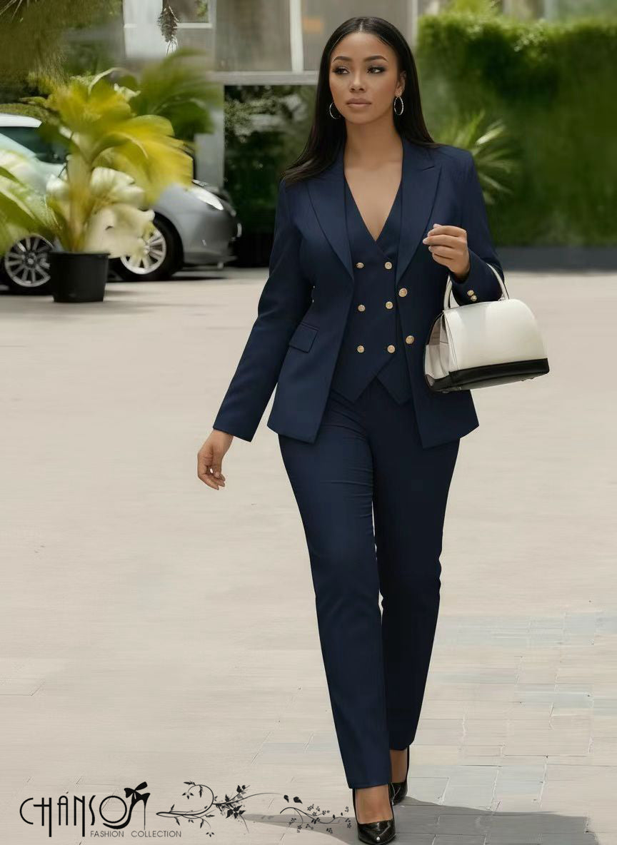 Slim fit suit set with gold button blazer and matching tapered pants, navy