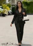 Slim fit suit set with gold button blazer and matching tapered pants, black