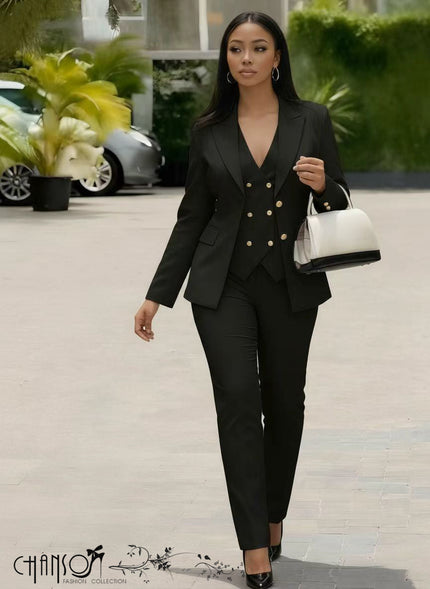 Slim fit suit set with gold button blazer and matching tapered pants, black