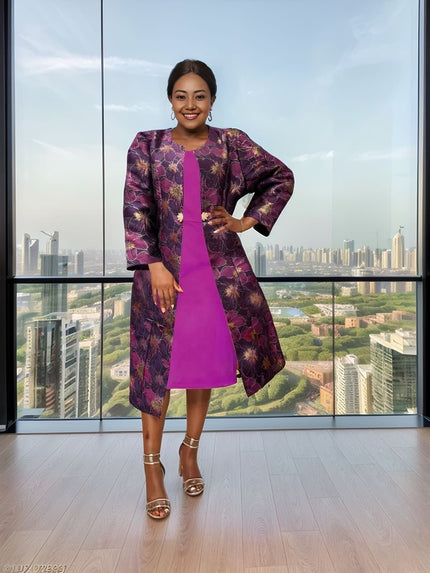 Magenta midi dress with matching floral jacket layer, elbow sleeves and open front