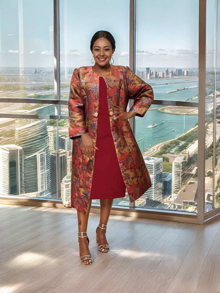 Maroon midi dress with multicolor floral jacket layer, elbow sleeves and open front