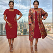 Burgundy midi dress with multicolor floral jacket layer, elbow sleeves and open front