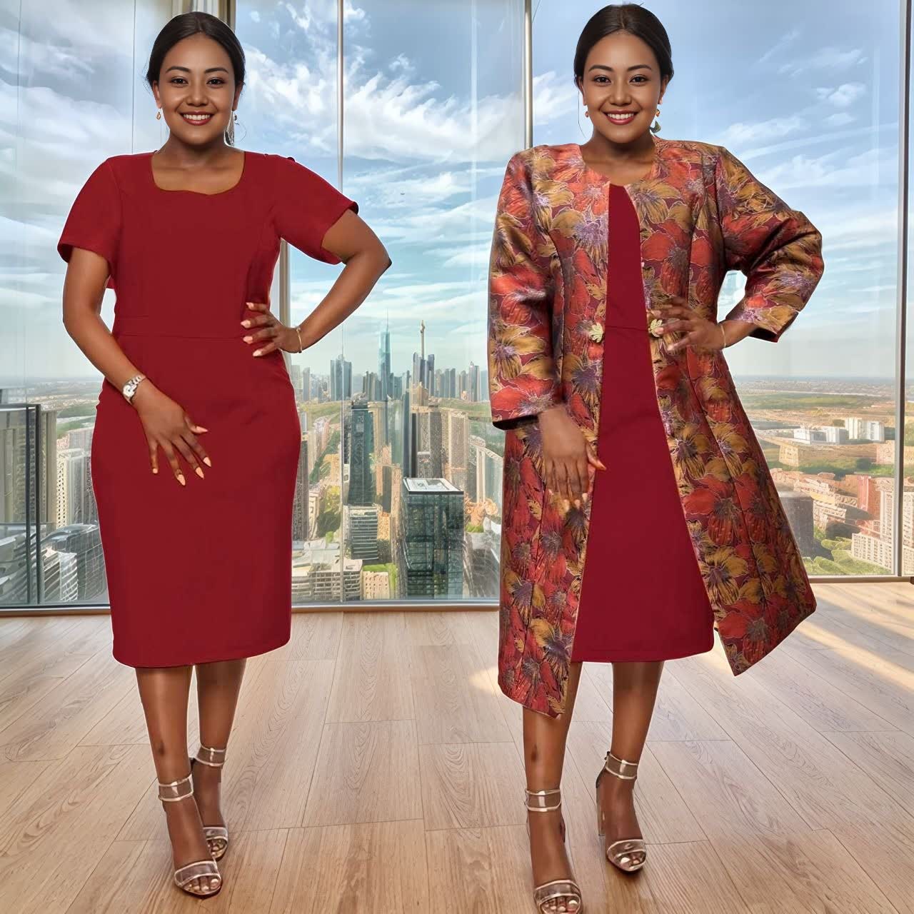 Burgundy midi dress with multicolor floral jacket layer, elbow sleeves and open front