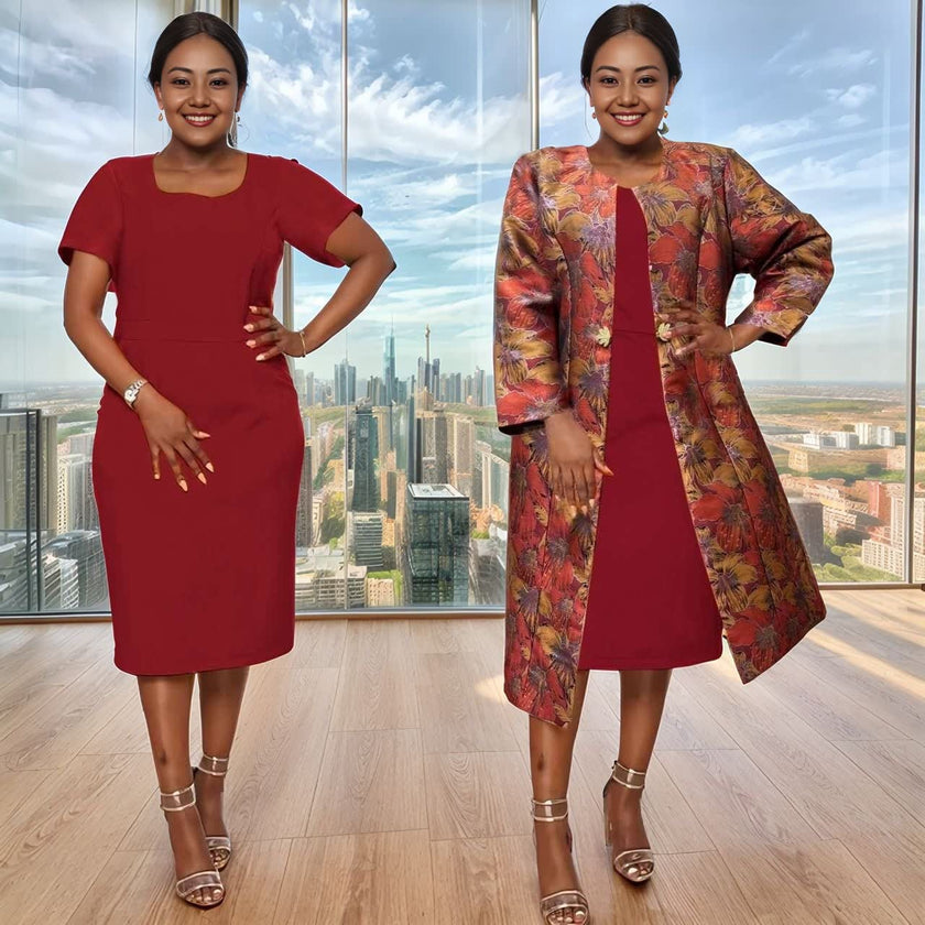 Burgundy midi dress with multicolor floral jacket layer, elbow sleeves and open front