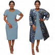 Sky-blue midi dress with navy floral jacket layer, elbow sleeves and open front