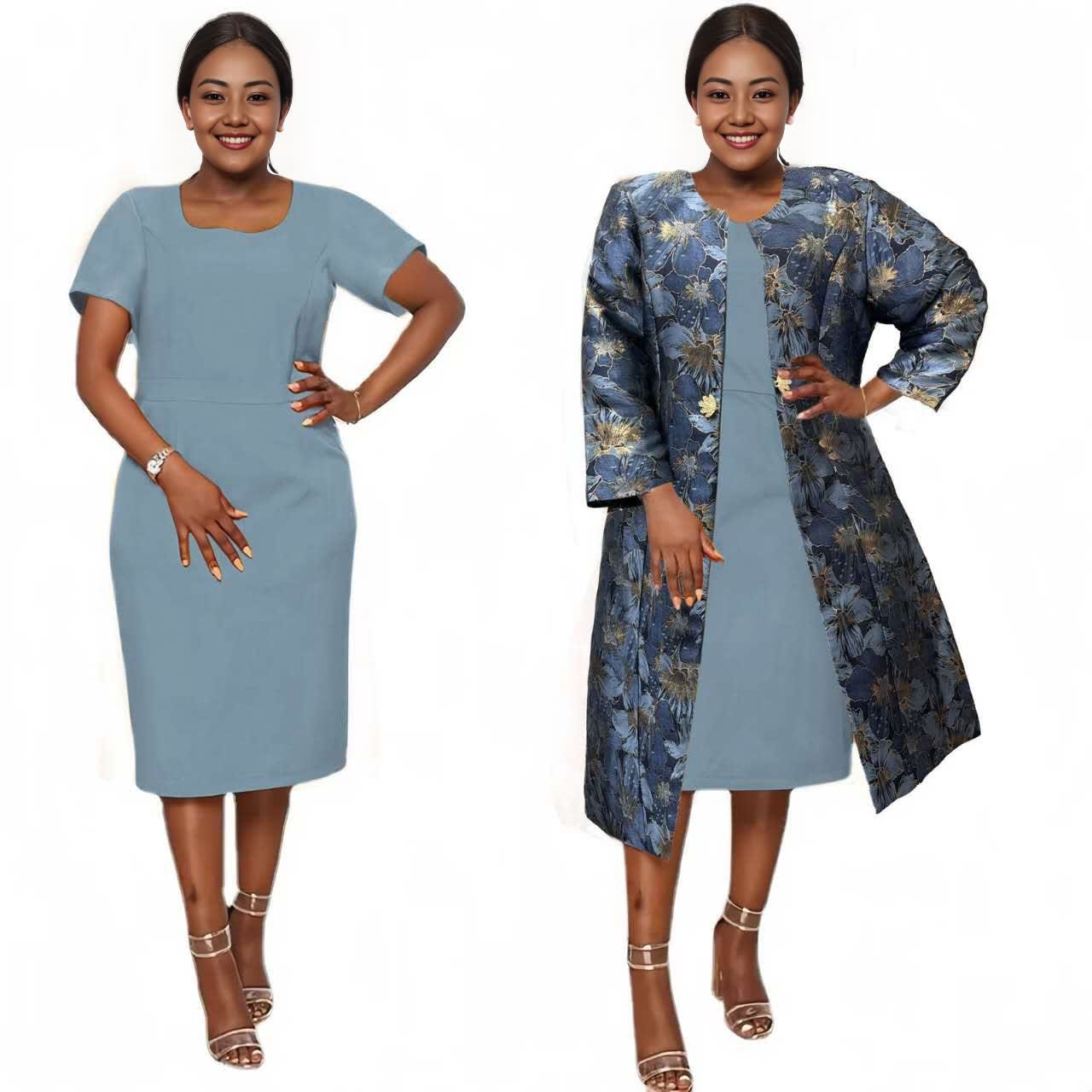Sky-blue midi dress with navy floral jacket layer, elbow sleeves and open front